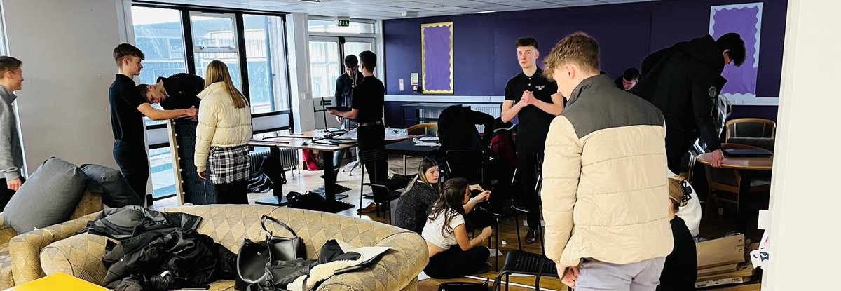 Chepstow_Upper's tweet photo. The chaos during and the results afterwards. Amazing Sixth Form teamwork on show today - the new furniture in the common room is looking great! They made assembling flat-pack furniture look like a stroll in the park #positivity #ambition #perseverance https://t.co/sGpt7hsLRo
