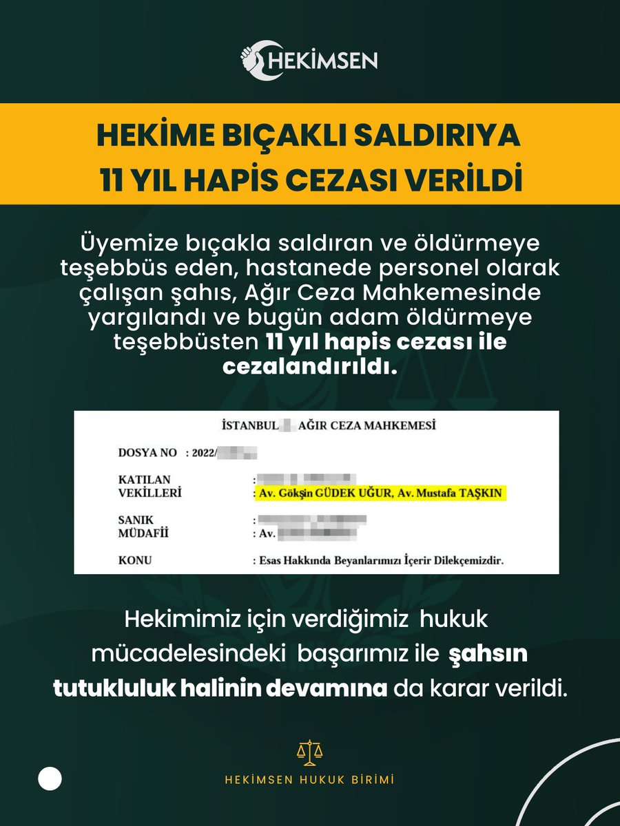 Hekime bıçaklı saldırıya 11 YIL HAPİS CEZASI! Sağlıkta şiddet haberleri gelmeye devam ettikçe sağlıkta şiddet cezası da gelmeye devam edecektir. 

Detaylar için; hekimsen.org/s/url/g/CC963C…

#HekimsenHukukBirimi