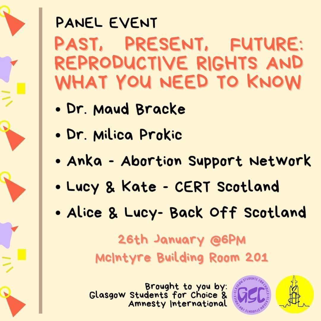 EmmaMurray557's tweet photo. 🔈 UofG people! GU Amnesty International and Glasgow Students for Choice are hosting a panel on reproductive rights tomorrow! If you’re interested it would be great to see you there!! :)

Tickets are free and can be found here:
https://t.co/QbI5OwxHyI https://t.co/F6ZwVkovNs