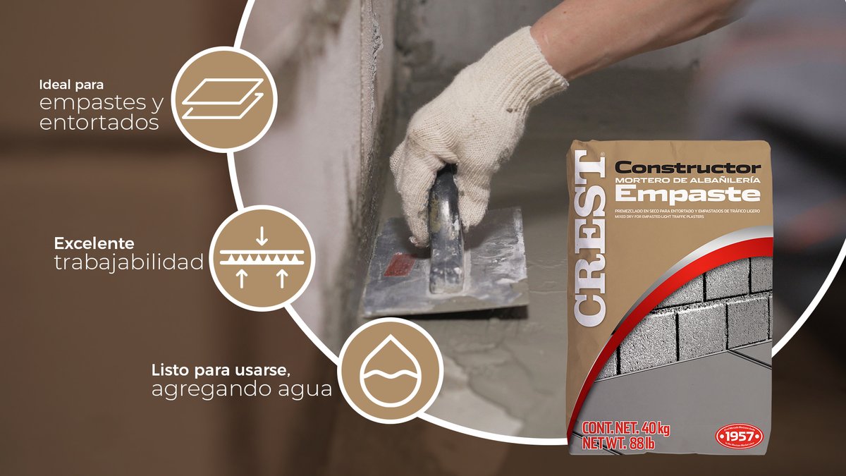 CRESTMx's tweet photo. Prepara tus superficies nivelando o dando pendientes con CREST Constructor Empaste, un mortero de gran desempeño y resistencias mecánicas.
#calidadCREST #construccion #adhesivos #estucos #empaste https://t.co/VfyNVmnYSj