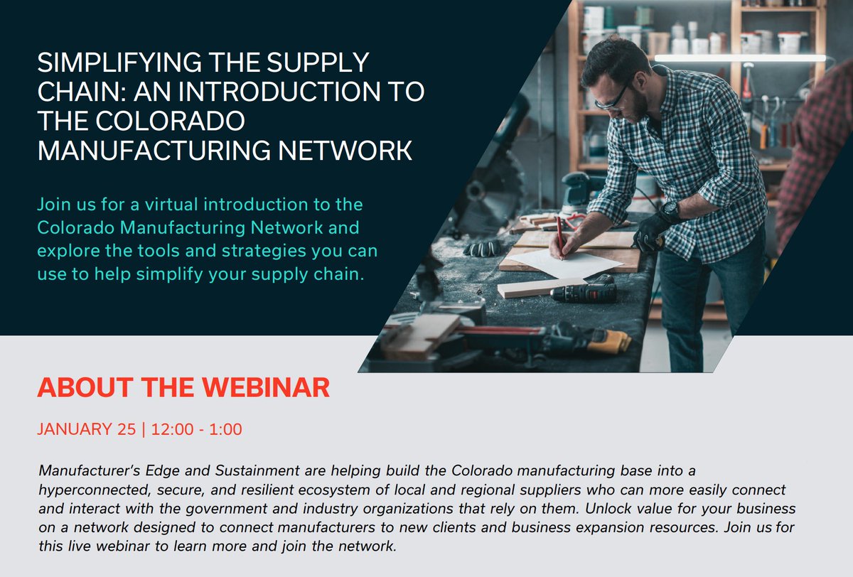Last chance to register! 

No single organization can change the course of the #manufacturing industry. But, together -- we can! Join us on January 25th for an introduction to the Colorado Manufacturing Network and find out how you can join the movement.

hubs.ly/Q01zdfKB0