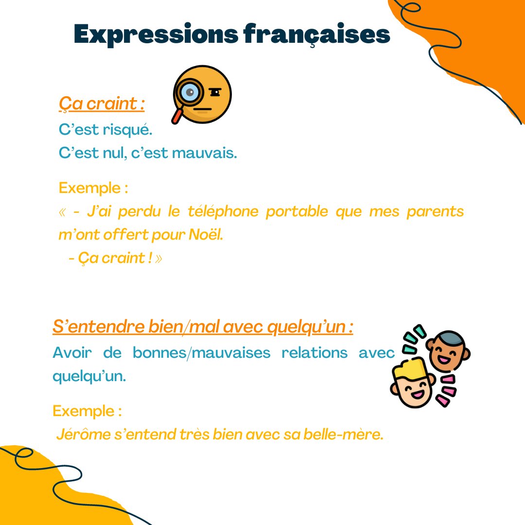 FRENCY_Learning's tweet image. New french expressions:
Ça craint
S’entendre bien / mal
Occupe-toi de tes oignons
J’en ai marre

#onlinelearning #learnfrench #japprendslefrançais #frenchonline #jeparlefrançais #speakfrench #frenchteacher #languagelearning #frenchclass #frenchlesson #apprendreavecmoi