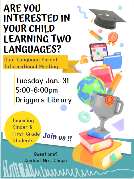 BerthaChapa1's tweet photo. Dual Language Program Meeting at Driggers Elementary! Jan 31st, 5-6pm

¡Junta de Información sobre el programa de Doble Sendero en la escuela primaria Driggers! 31 de enero, 5-6pm
#nisdbilingualprogram
#nisdduallanguage
#NISD https://t.co/cH3U1qz9pJ