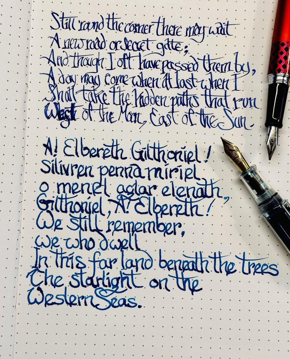 winningweek777's tweet photo. Hand-copying every poem in the #LOTR with my #fountainpens

@PilotPenUSA, #LamyBlue ink 
#MajohnWancai, @noodlersink #BlueraseWaterase ink. https://t.co/PqoN061iNU