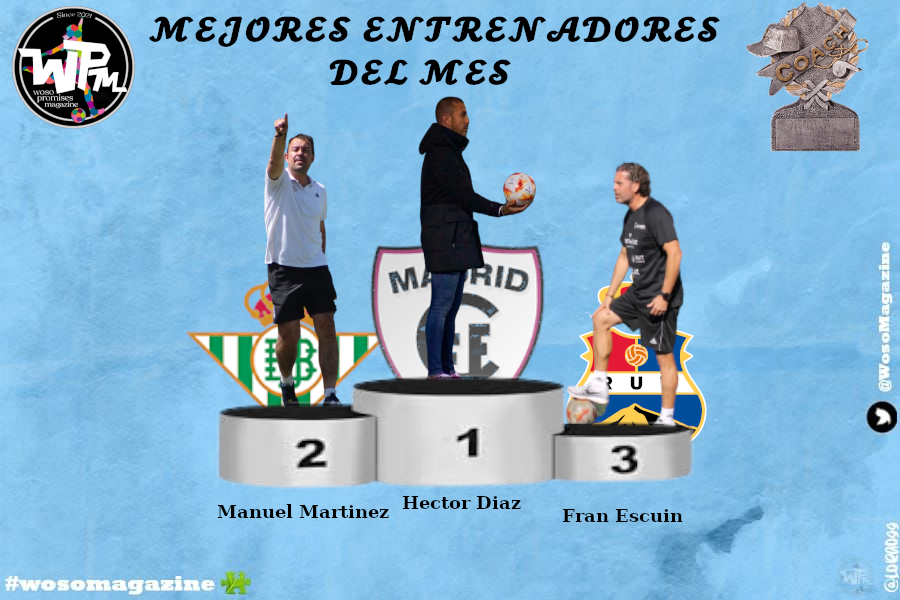 🏆 PREMIOS DE DICIEMBRE🏆 

#SegundaRFEF Sur

Top-3 🧢 entrenador/a:

🥇 <a href="/hector_dc87/">Héctor Díaz</a> ( <a href="/MadridCFF/">Madrid CFF</a> 🅱️)
🥈 <a href="/Manoletemo/">Manuel P. Martínez</a>   (<a href="/RealBetisFem/">Real Betis Féminas</a>   🅱️) 
🥉 <a href="/Fran_Escuin/">Fran Escuin</a>   (<a href="/RUTFem_oficial/">Real Unión Tenerife Santa Cruz</a>  )

#wosomagazine🧩
