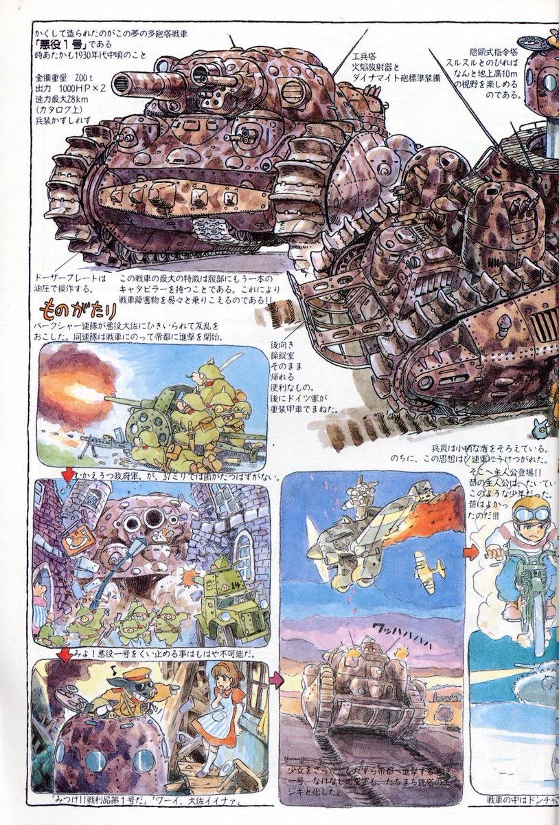 larrynguyen0096's tweet photo. Some of Hayao Miyazaki wacky multi-turret tank designs from his 1997 Daydream Notes https://t.co/NNSMU55gFg