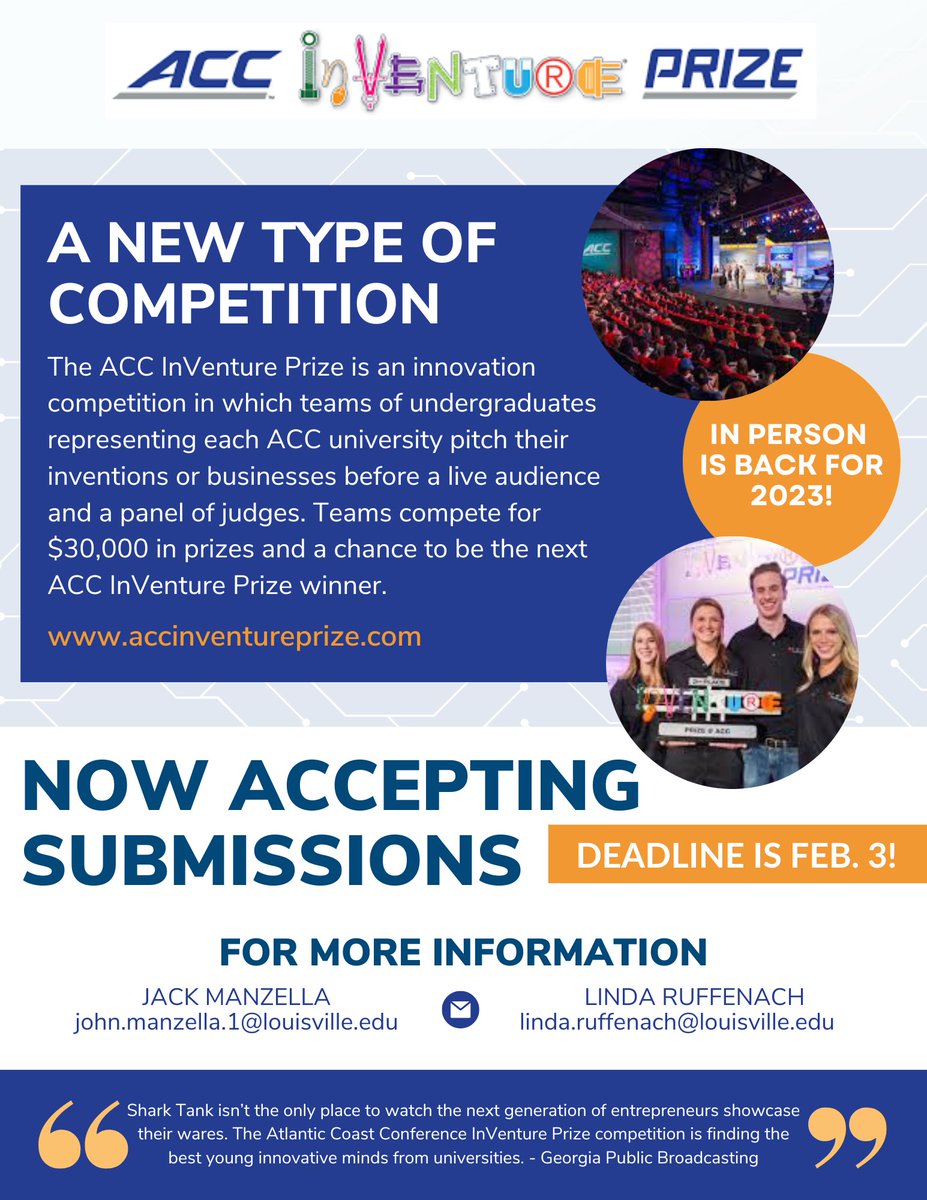 ForForcht's tweet image. ⚡️ Do you need funds to bring your big, bold, business idea to life? We&apos;re looking for an ambitious undergraduate student to compete in the ACC InVenture Prize Competition.

⚡️  If you are interested, message this account or email jpmanz02@louisville.edu for more information.