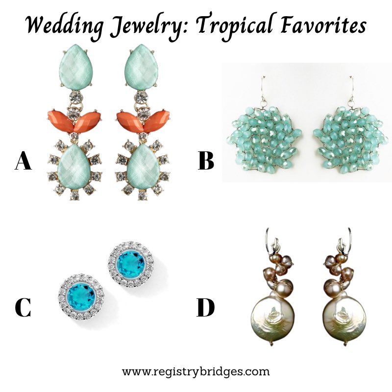 RegistryBridges's tweet image. Happy Wednesday! We’re featuring Tropical faves today. Which design is your favorite? 👀 #weddingwednesday 

#weddingearrings #weddingjewelry