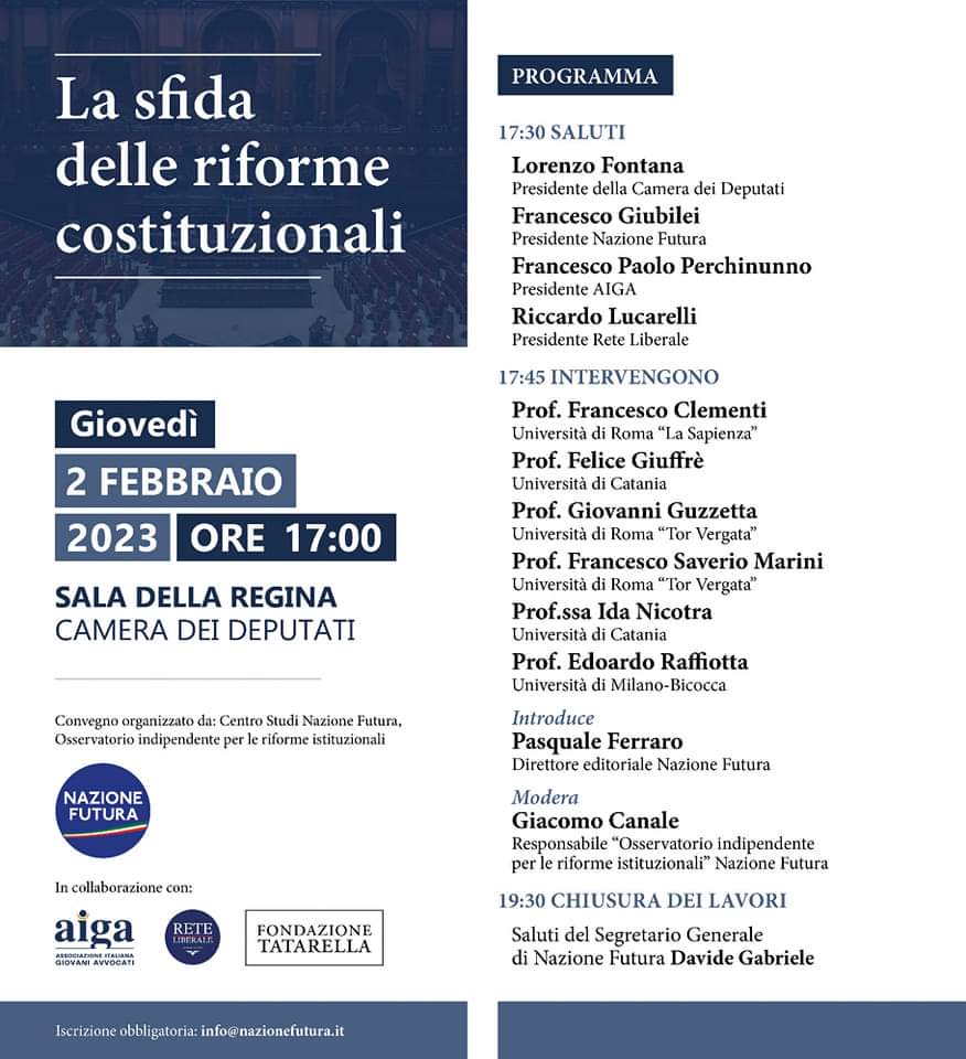 "La sfida delle riforme costituzionali" <a href="/Fontana3Lorenzo/">Lorenzo Fontana</a> <a href="/giubileif/">Francesco Giubilei</a> <a href="/GioGuzzetta/">Giovanni Guzzetta</a> <a href="/Montecitorio/">Camera dei deputati</a>  #Riforme #Presidenzialismo #autonomiadifferenziata #FondazioneTatarella #Aiga #NazioneFutura #ReteLiberale