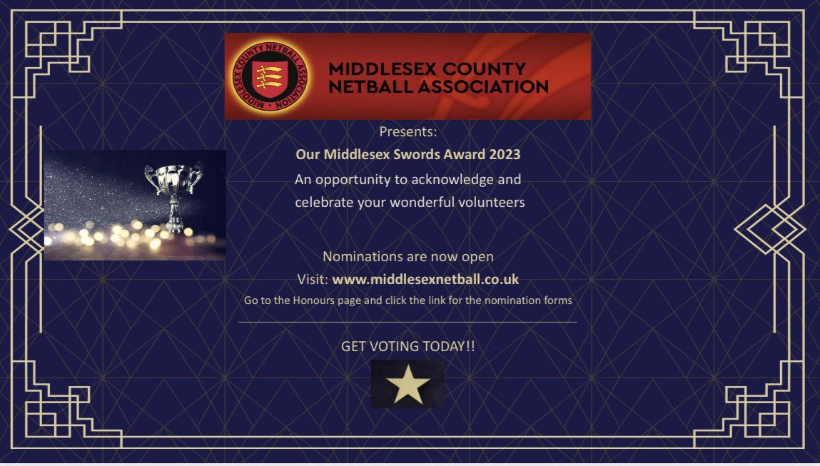 Middx_Netball's tweet photo. 🥁 The Middlesex Swords Awards are now open! 🥁head over to the Middlesex netball website to vote! 🗳️#volunteer #middlesexnetball https://t.co/i7LDHY4yYR
