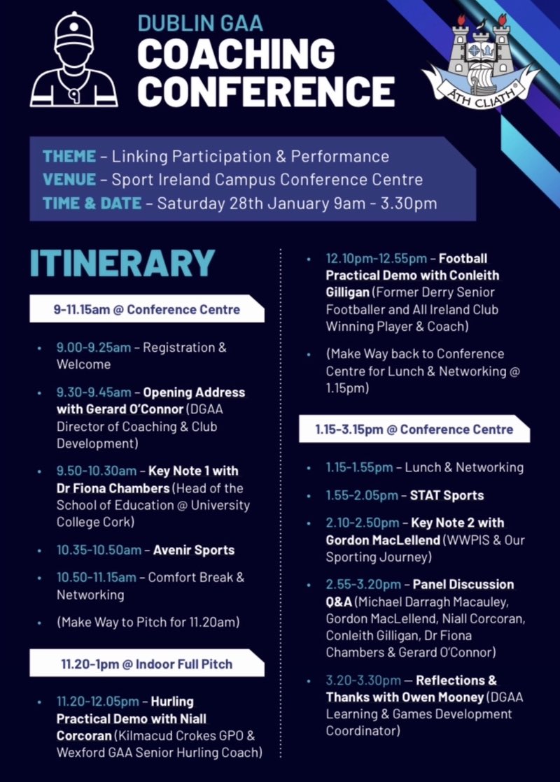 DublinGAACoach's tweet photo. 🚨COACHING CONFERENCE🚨

⏰ Only 3️⃣ days to go

🔂 Limited number of tickets available

⏳ Don’t Miss Out

🗣️ Great line up of presenters

🤝 Everyone Welcome Near &amp; Far

🎟️ CLICK BELOW FOR MORE INFO &amp; TO PURCHASE NOW 
https://t.co/NJyEd1iY1U

#DubGAAConference https://t.co/myoaB6MLqa