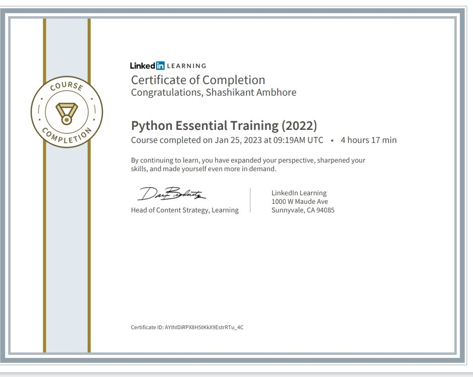 ItsShashikant17's tweet photo. Hello Everyone
I am glad to share that I have successfully completed Python essential training by LinkedIn certification course.
it is very interesting and very exciting course to increase your depth of knowledge.
#100DaysOfCode #100daysofcodechallenge #30Daysofcode #Python https://t.co/cjz27yuTup