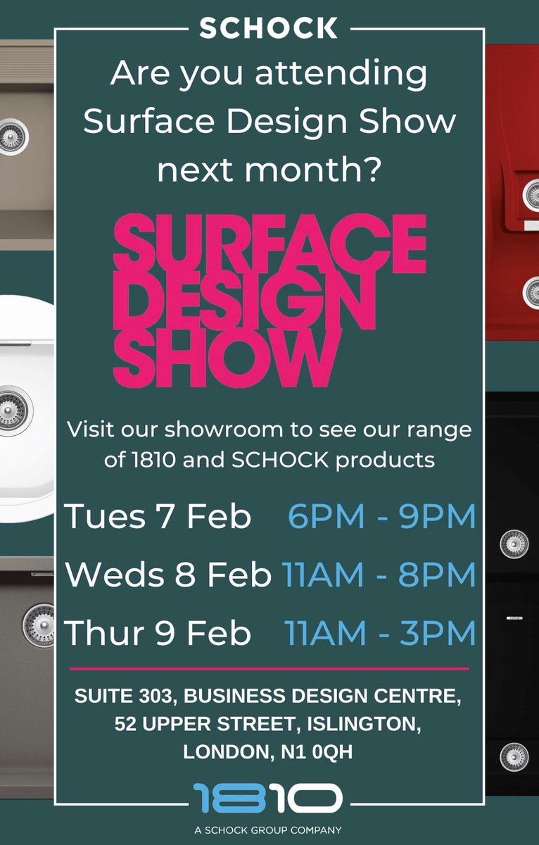1810co's tweet photo. Our showroom will be open during Surface Design Show, with our wide range of The 1810 Company and SCHOCK products on display. You can find us at Suite 303 of the Business Design Centre, come along and say hello👋🏼
#The1810Company #SCHOCK #KitchenIndustry #SDS #SurfaceDesignShow https://t.co/ZReo55m6SF