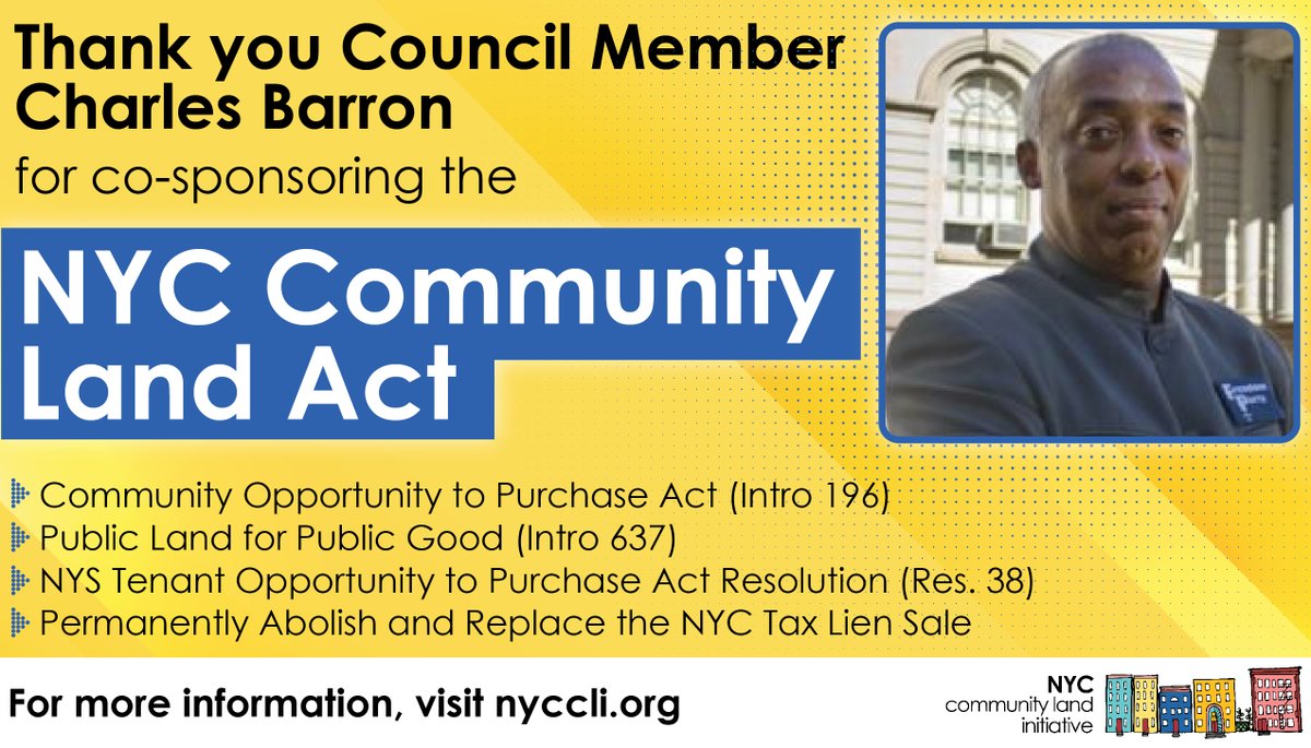 NYCCLI's tweet photo. Thank you @CMbarron2 for being a champion of the #CommunityLandAct! This groundbreaking legislation will help local CLTs like @EastNewYorkCLT, @BPpartnership, @GrowHouseNYC  and others build the affordable housing and community space our city needs! #CLTsforNYC #PassTheCLA https://t.co/ZqvL6xa7pJ