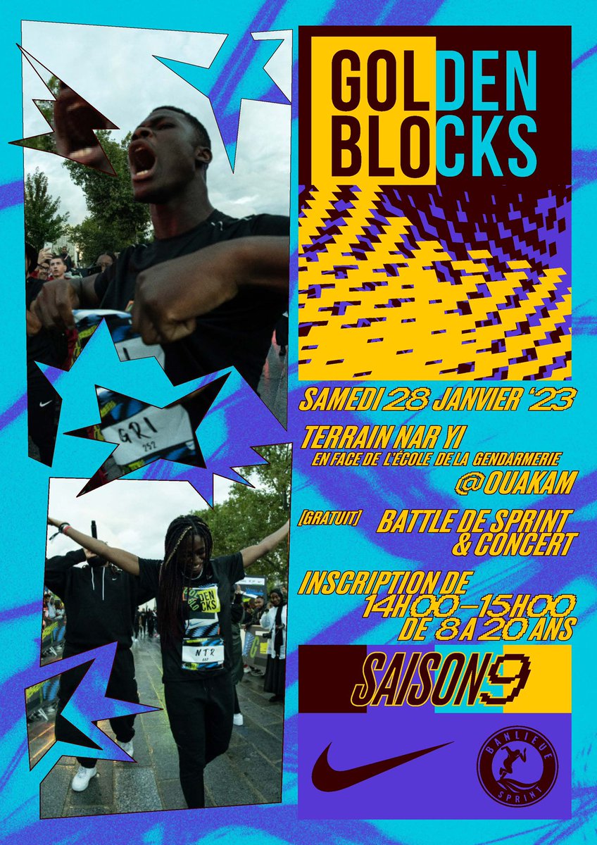 .<a href="/Golden_Blocks_/">Golden Blocks</a> DÉBARQUE AU SÉNÉGAL 🇸🇳

Tu as entre 8 et 20 ans et tu veux participer aux battles de sprint #GoldenBlocks ? RDV samedi 28 janvier à partir de 14h pour les inscriptions sur le terrain Naar Yi, en face du lycée Jean Mermoz à #Ouakam 🏁

#senegal #banlieuesprint