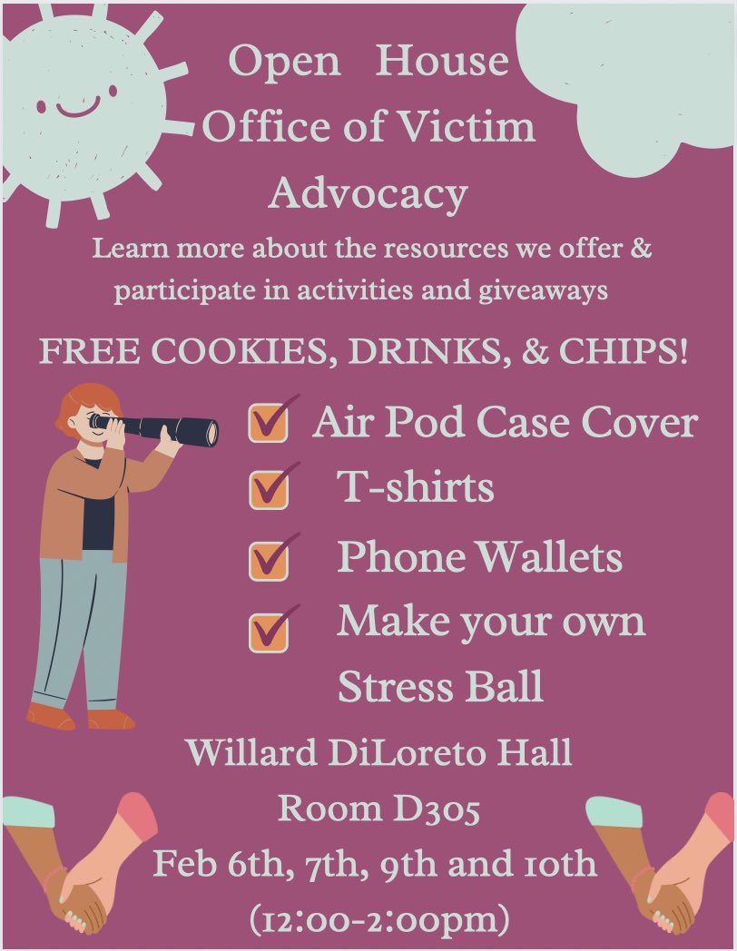 StandUpCCSU's tweet photo. Come join us at our Open House event on February 6th, 7th, 9th, and 10th in Willard DiLoreto. Participants in our scavenge hunt can win the following prizes listed below! FREE COOKIES, DRINKS, &amp; CHIPS will also be available! https://t.co/veRmxjX5lC