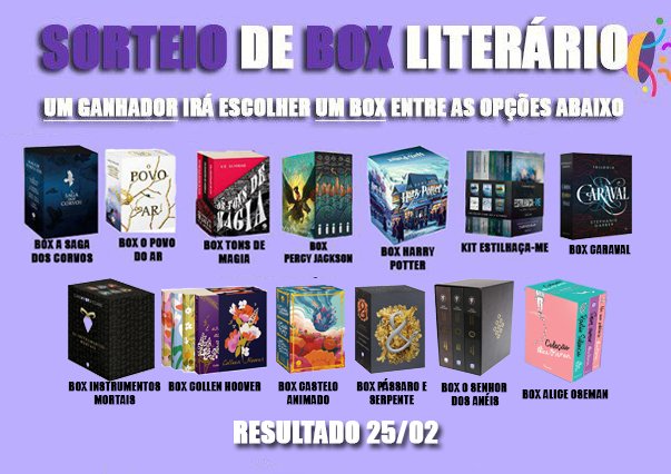 ⚡📚 SORTEIO 📚⚡

UM ganhador irá escolher UM box entre as opções abaixo. Para concorrer você deve seguir as regras:

• Dar RT nesse tweet  
• Seguir a conta <a href="/BestPromosBr/">Best Promos BR 📦</a>
• Comentar qual box quer ganhar

RESULTADO 25/02