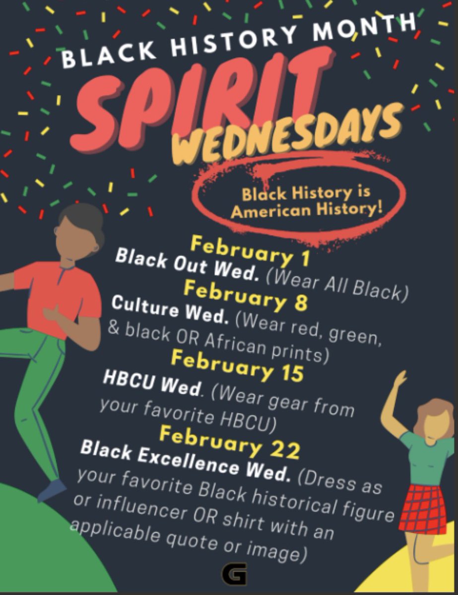 Hey GIA Family! This February, we are going to show up and show out for Black History Month! Wear a themed outfit every Wednesday to show your spirit ✊🏿✊🏾✊🏽✊🏼

<a href="/GlobalImpactAc1/">Global Impact Academy</a> <a href="/giagarden/">Global Impact Academy Garden Club</a> <a href="/GIAHOSAChapter/">Global Impact Academy HOSA</a> <a href="/GIA_CTI/">Global Impact Acadmey CTI</a> <a href="/ImpactTsa/">Global Impact Academy TSA</a> <a href="/SherriBouhi/">Sherri Bouhi</a> <a href="/NewboldEDU/">Anthony J. Newbold</a> <a href="/ngubeni_mr/">Mr. Ngubeni</a> <a href="/PENNSTERedu/">PENN, EdS</a>