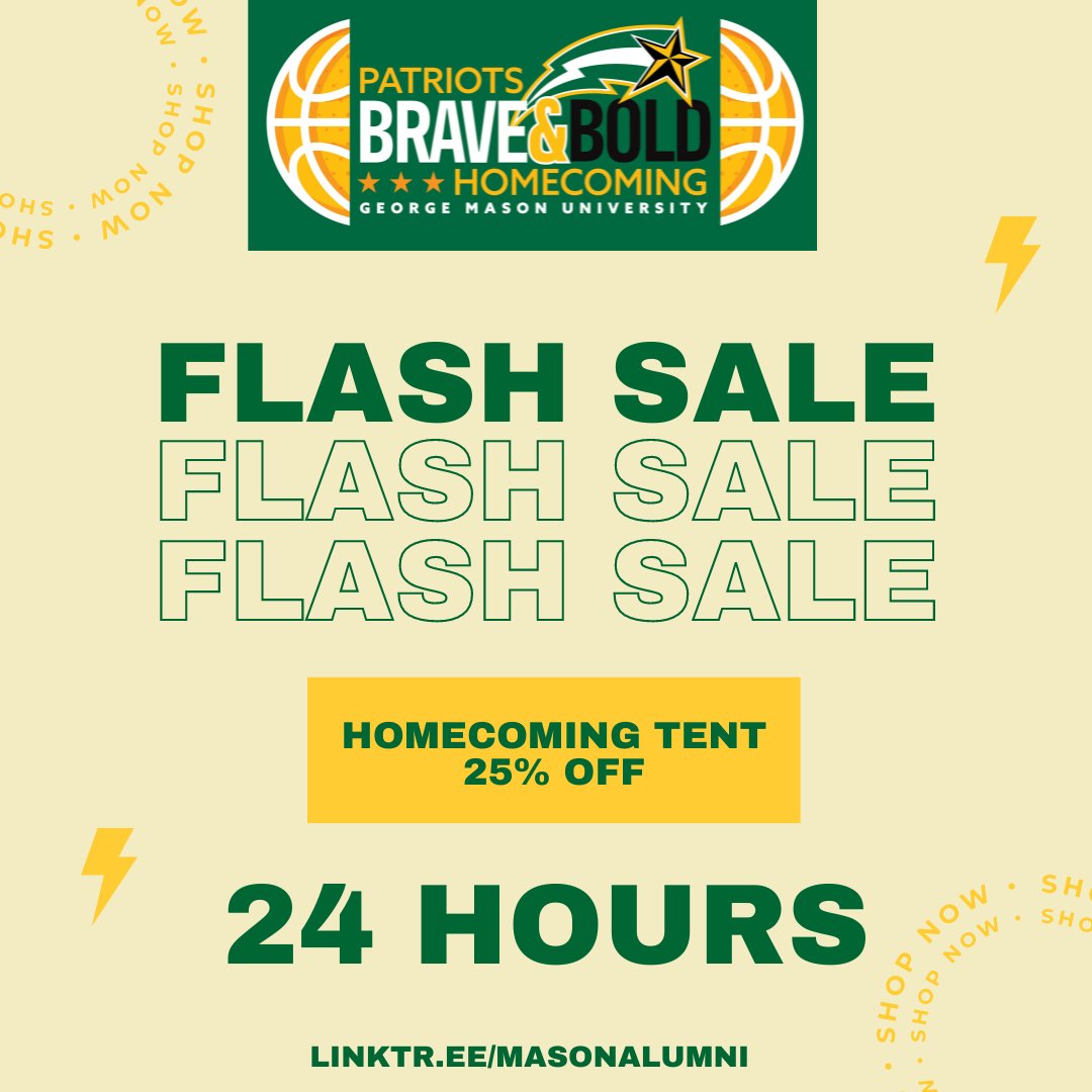 MasonAlumni's tweet photo. ⚡FLASH SALE! ⚡
For 24 hours only (1/25 at 12 p.m. EST - 1/26 at 12 p.m. EST) we're selling tickets to the Game Day Tailgate Alumni Homecoming Tent for 25% off! 💚💛)

Purchase yours here: https://t.co/xCWD76uzRW

#MasonNation
#MasonAlumni
#MasonHC23 https://t.co/s3GyTe3CXZ