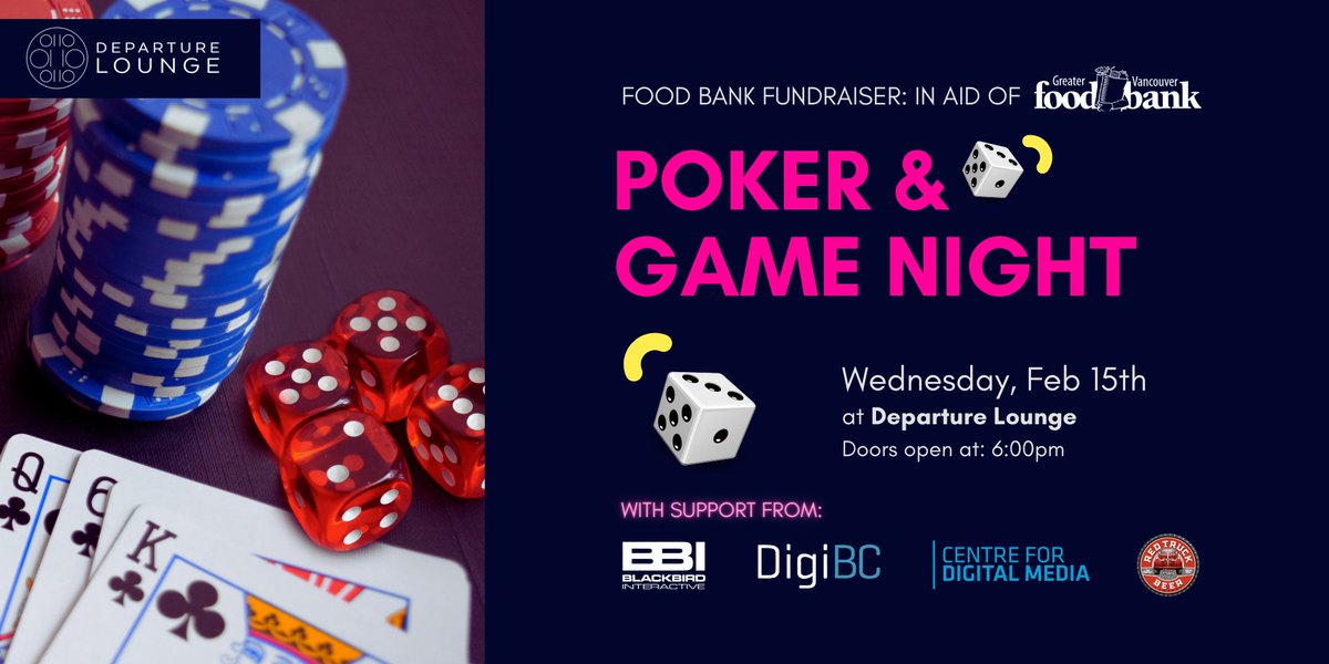 Departure Lounge will host the annual Charity Poker and Game Night fundraiser in aid of the Greater Vancouver Food Bank.
Join us on Wednesday, Feb. 15, from 6 - 10 pm at our studio to positively impact our community. 
➡ Donations can be made here: vfd.foodbank.bc.ca/fundraiser/pok…