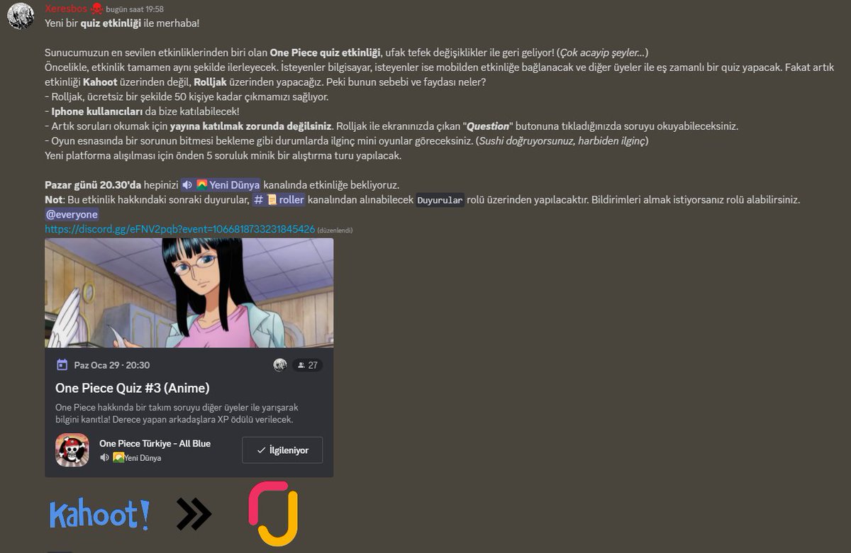 En sevilen etkinliklerimizden biri olan One Piece quizinin üçüncüsünü yapacağız, animede güncel olan herkesi davet ediyoruz!
discord.gg/eFNV2pqb?event…