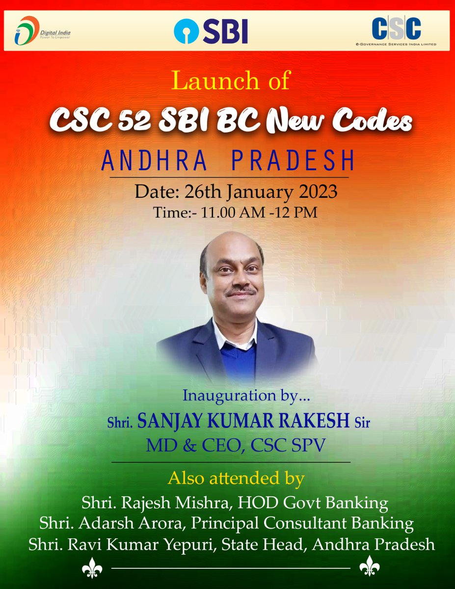 YepuriRavi's tweet image. launch the 52 New SBI BC CSPs in our Andhra Pradesh at 26th January 2023 11 AM, All VLEs Join the session.
@sanjaykrakesh @ceo_csc @rkmishra011 @CSCAndhra