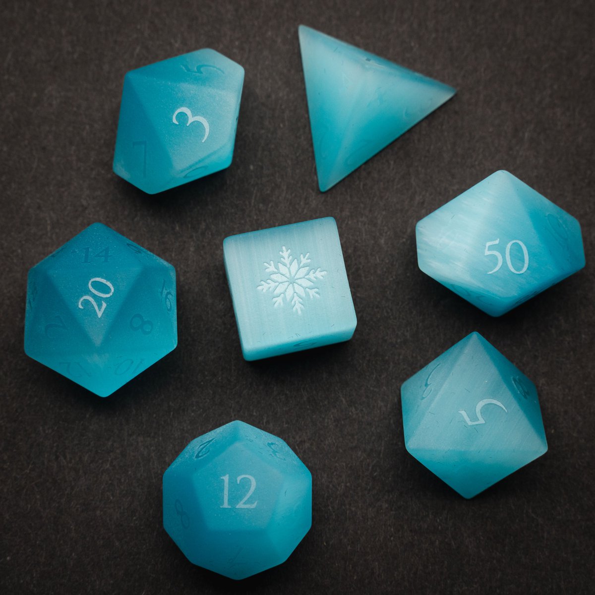❄ Big Giveaway! ❄

We're giving away a set of frosty and translucent, Raised Cat’s Eye Turquoise which features a snowflake on the d6🤩! Available NOW on our website.

Rules to enter👇
- Retweet💬 + Like❤️ + Follow⭐
- Comment with your favorite gemstone!
#WyrmwoodWednesday