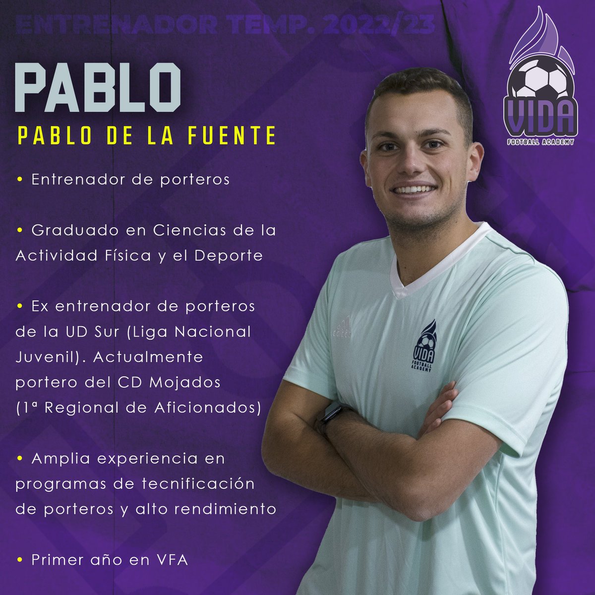 VIDAcademyF's tweet photo. 🗣️ ENTRENADOR | 

De los que vuelan para evitar el gol. Se estrena en VIDA para hacer de sus pequeños alumnos lo que cada día trabaja él: ser un guardameta de altos vuelos. Cariño, paciencia y cercanía como carta de presentación. ¡Bienvenido a la familia, Pablo! 💜

#FútbolEsVIDA https://t.co/bB6bc7ar5i