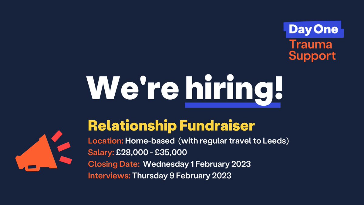⏰ 1 Week left to apply for our Relationship Fundraiser vacancy! 🤩

Find out more and apply here 👇
dayonetrauma.org/footer/work-wi…

#charityjobs #fundraisingjobs #fundraising  #thirdsector #job #team #hiring #thirdsectorjobs