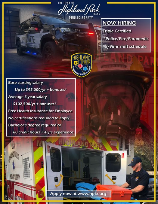 HPDPS_TX's tweet photo. Are you torn on which first responder is the best, Police 
Officers, Firefighters, or Paramedics? Don't fret, come work for Highland Park and become all 3! https://t.co/Ejm2aOOAlM