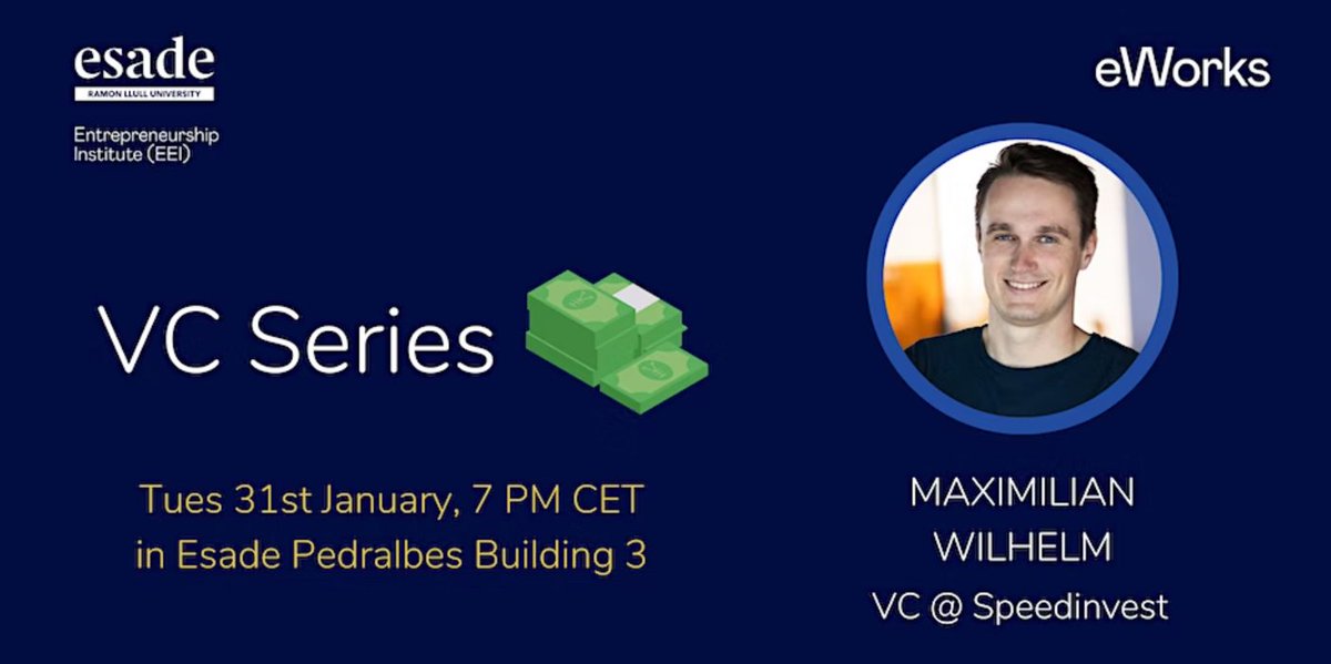 esadeEEI's tweet photo. Want to start your career in the investment world or want to raise some money from the top VC in Europe and worldwide?
Don't miss the eWorks VC Series #1! 

👉 Meet Maximilian Wilhelm from @speedinvest 

Register: https://t.co/4rLCwxMjLJ

#venturecapital #networking #startups #vc https://t.co/pbzDvLTCoE