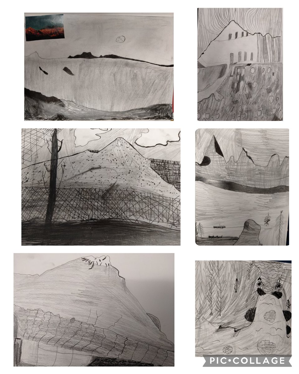 RachelJeffery1's tweet photo. Absolutely amazing landscapes in Y4 @SpilsbyPrimary. We've been learning about composition &amp; atmospheric perspective &amp; have created these fab mountain pictures using different sketching pencils &amp; fineliner pens as part of our @Cornerstonesedu project. #art #ks2 @InfinityAcad https://t.co/vkKOhGZaR3