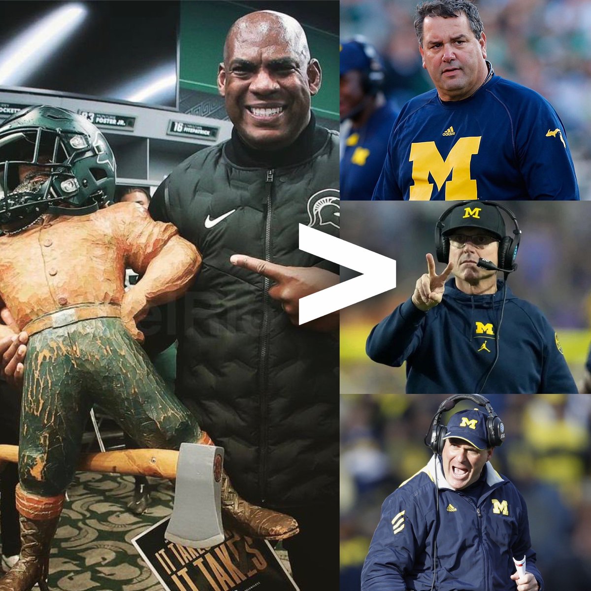 CountryMichSt's tweet photo. The Last 3 Michigan Coaches First 3 Games vs MSU: 
Harbaugh: 1-2 vs MSU
Brady Hoke: 1-2 vs MSU
Rich Rod: 0-3 vs MSU

Mel Tucker First 3 Games vs Michigan:
2-1… but he’s “overpaid” and a “horseshit football coach” https://t.co/XwACkq5pay