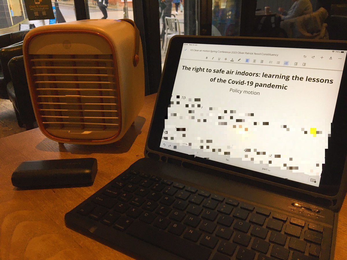 LibDemPatrick's tweet photo. 🧑💻 Wfc with my @SmartairUk QT3 this afternoon. I had it on max power (which is a bit loud), but you couldn’t hear it over the hubbub of the cafe ☕️
#WorkingFromCafe #CleanAir https://t.co/UOl8b8vDyi