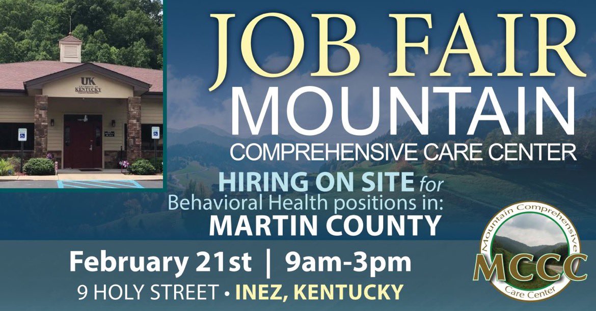 MARTIN COUNTY - Mountain Comprehensive Care Center is hosting a job fair on February 21st, 2023, 9AM-3PM at the MARTIN COUNTY Cooperative Extension Office, 9 HOLY STREET in Inez, KY. Heroes Work Here! Learn More: fb.me/e/630rSZkn4