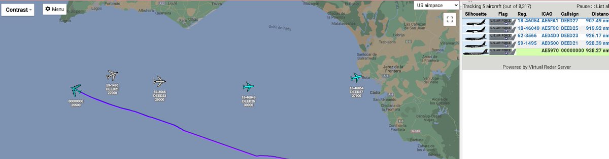 SLED Flt USAF B52 x4 gassed and heading back stateside. 
DEED Flt returning back to ROTA AFB

#JuniperOak23