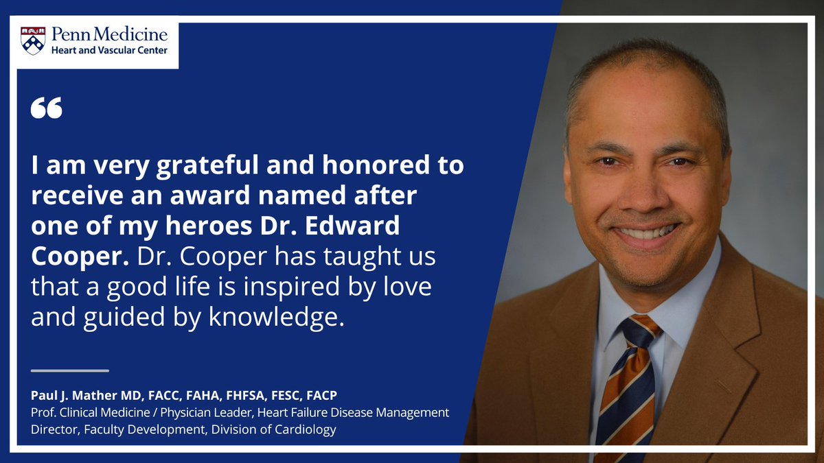 The Edward S. Cooper M.D. award 🏆 has been granted to <a href="/PennCardiology/">Penn Heart & Vascular</a>'s <a href="/Paul_J_Mather/">Paul J. Mather</a> by <a href="/American_Heart/">American Heart Association</a> for his "outstanding contributions to the Philadelphia community that exemplifies the best of humankind."

Congratulations, Dr. Mather! 🎉🙌 

#Cardiology