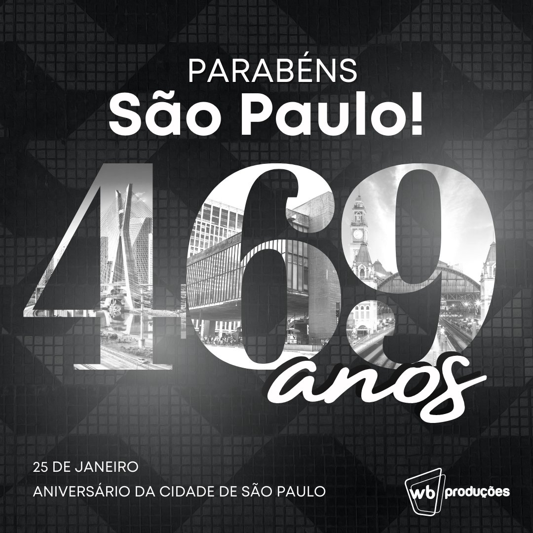 WB_Producoes's tweet photo. A maior cidade do país está fazendo aniversário.
Feliz 469 anos, São Paulo! 🥳
Parabéns por todos esses anos de trabalho, história, cultura e excelência.

🎉 Viva a Terra da Garoa! Viva a Arte! Viva a Cultura! 
#AniversarioDeSaoPaulo #SaoPaulo #469Anos https://t.co/FRAnx04KfS