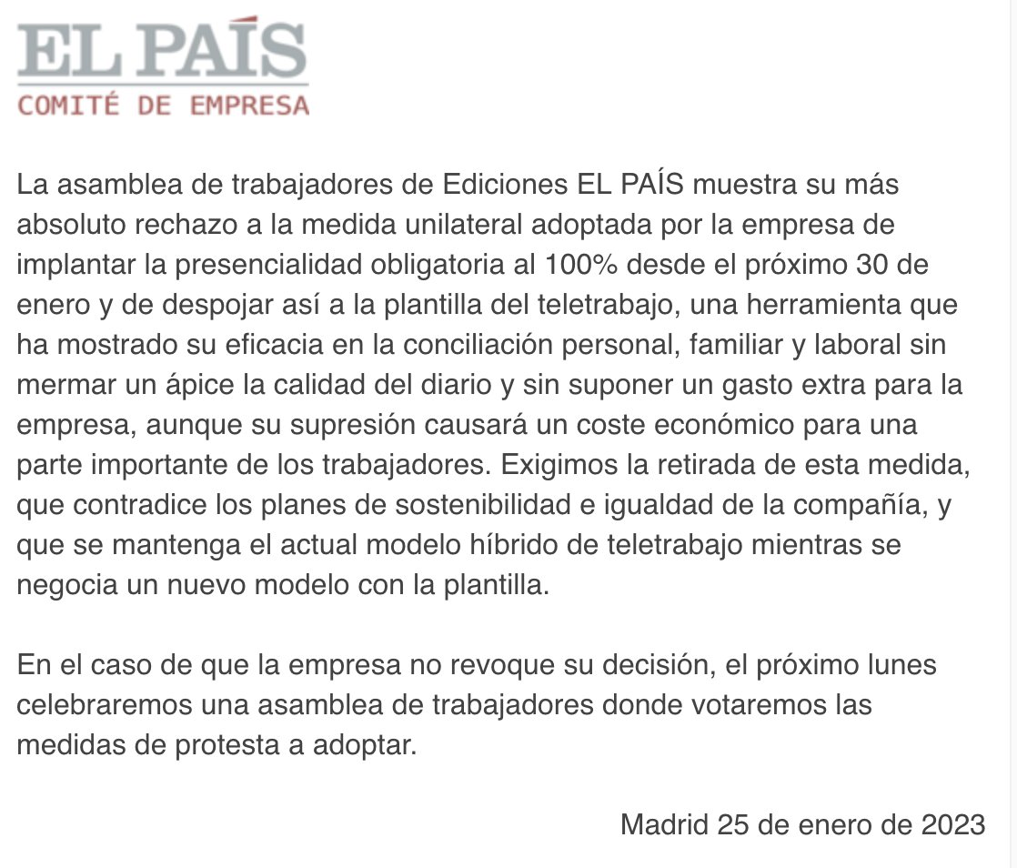 La dirección de EL PAÍS fulmina el teletrabajo. La plantilla, reunida esta tarde en asamblea, pide a la empresa que revoque la medida. Esta es la resolución aprobada por mayoría: