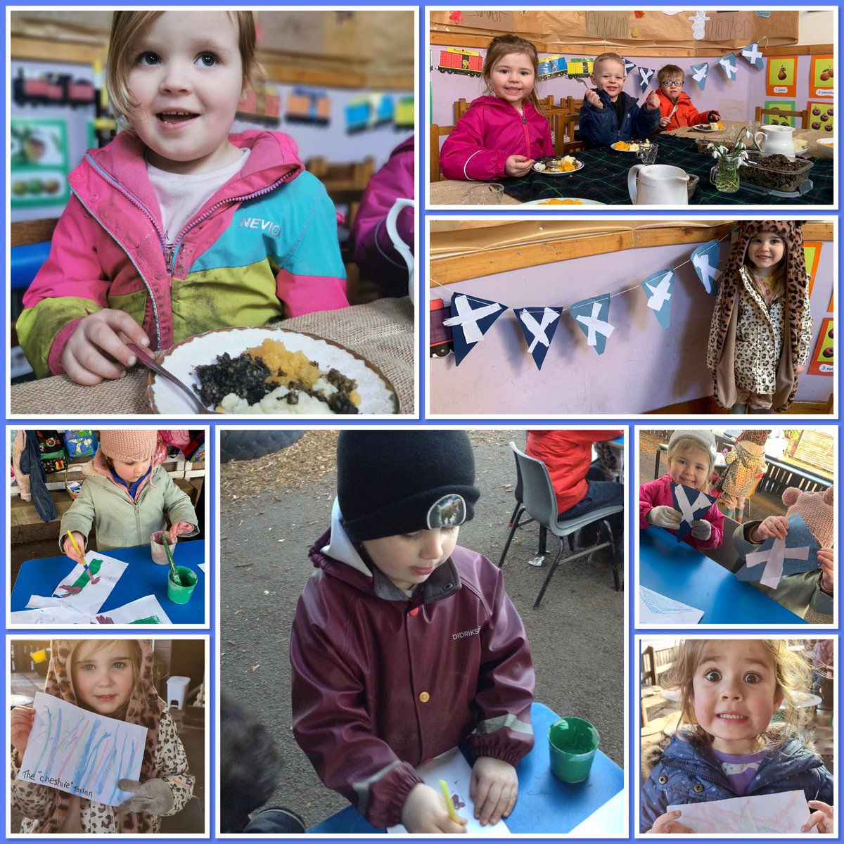 To celebrate Robert Burns Day, the children have enjoyed creating their own tartans, thistles and Scottish flag bunting 🏴󠁧󠁢󠁳󠁣󠁴󠁿
We also enjoyed a traditional Burns Supper of Haggis, Neeps and Tatties which was a big thumbs up 👍🏼
<a href="/SLCEarlyLearn/">SLC Early Learning</a> <a href="/CareInspect/">Care Inspectorate</a> <a href="/earlyyearsscot/">Early Years Scotland</a>