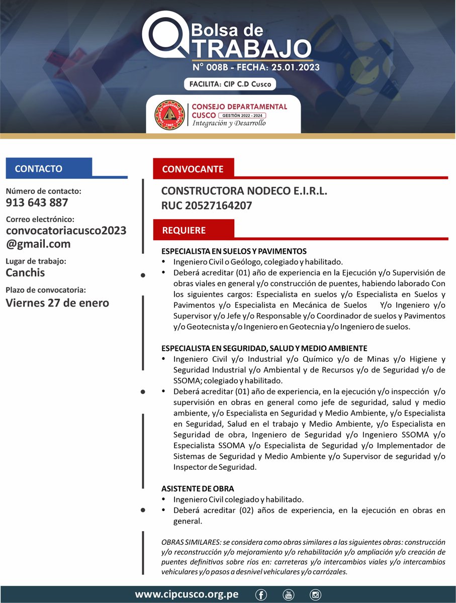 cipcusco's tweet photo. 🔵 #TRABAJO N° 008 - 2023

🏢 Convoca:
CONSTRUCTORA NODECO E.I.R.L.

➡️ Requiere:
Ingenieros colegiados y habilitados

⚠️ Consulta si estás habilitado: https://t.co/klSJS14BkM

⚙️ #CIPCusco
🤝 Integración y Desarrollo 👷🏻‍♀️👷🏻‍♂️
https://t.co/IK7gbLBsaG https://t.co/KcHctww6aj
