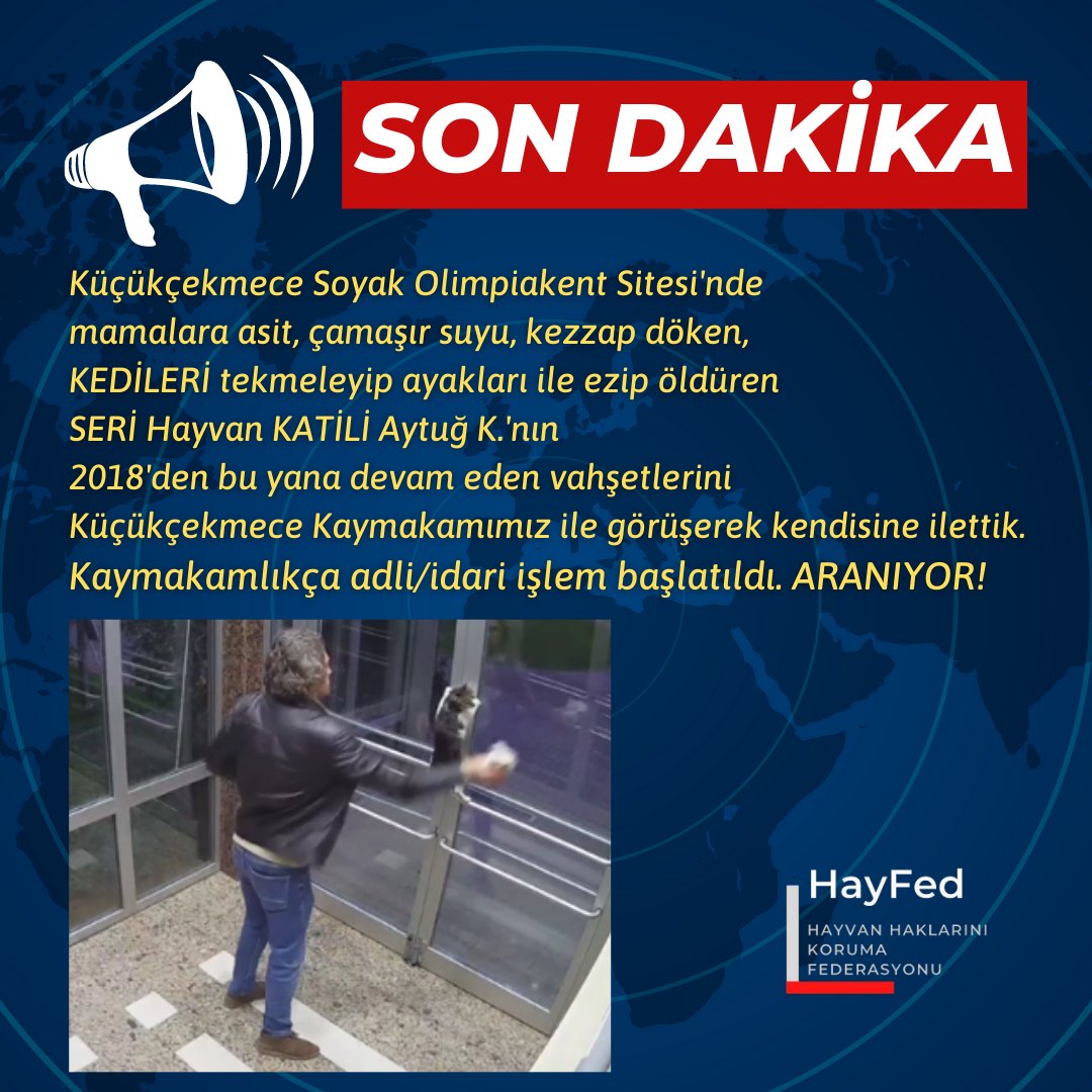 Mamalara asit, çamaşır suyu, kezzap döken, 
KEDİLERİ tekmeleyip ayakları ile ezip öldüren 
SERİ Hayvan KATİLİ Aytuğ K.'nın 2018'den bu yana devam eden vahşetlerini <a href="/KcekmeceKymklik/">T.C. Küçükçekmece Kaymakamlığı 🇹🇷</a> Sn. Kaymakamımız ile görüşerek kendisine ilettik.
Adli/idari işl. başlatıldı.
ARANIYOR!