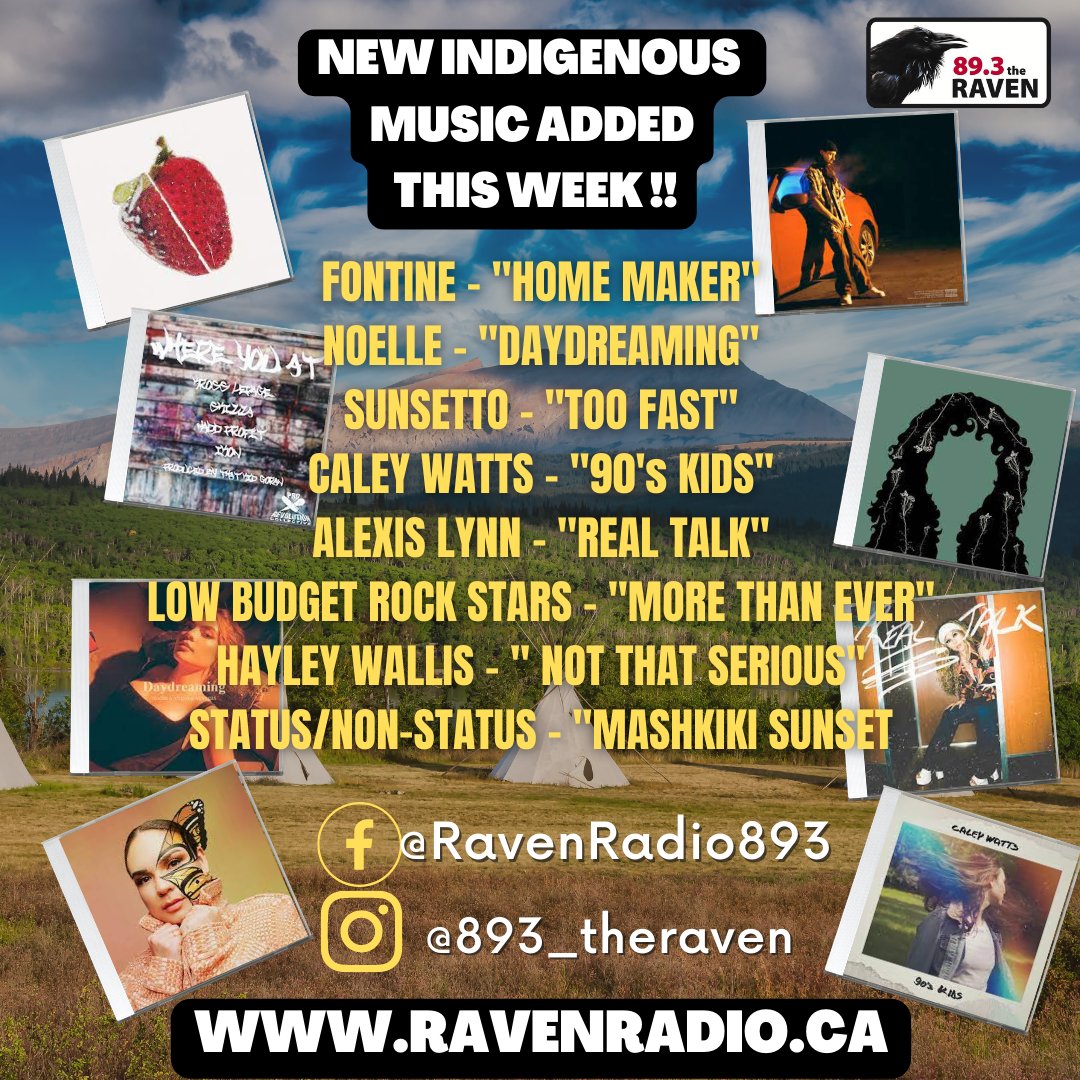 some awesome new tunes added to the Raven playlists out of NDN Country !
@fontinemusic #noelle @sunsetto @caleywattsmusic @alexislynnmusic #lowbudgetrockstars @hayleycwallis @statusnonstatus 
#indigenous #indigenousmusic #893theraven #edmonton #canada #native #music #radio #yeg