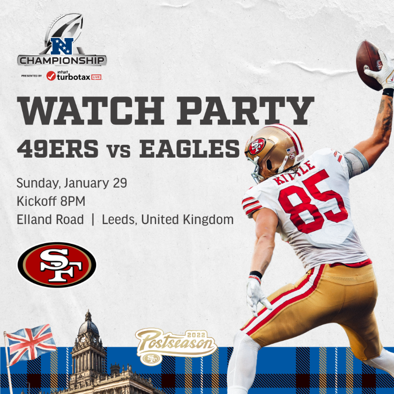 LUFC's tweet photo. 🏈 𝟰𝟵𝗲𝗿𝘀 𝗪𝗮𝘁𝗰𝗵 𝗣𝗮𝗿𝘁𝘆 𝗧𝗵𝗶𝘀 𝗦𝘂𝗻𝗱𝗮𝘆!
Join us at Elland Road to watch the @49ers' NFC Championship Game against the Philadelphia Eagles!