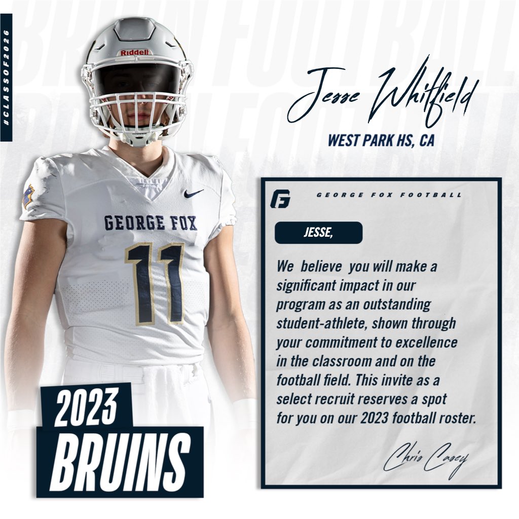 JesseJWhitfield's tweet photo. After a great conversation with @CoachHughesGFU I am extremely blessed to have received my third official offer to continue my athletic and academic careers at George Fox University! 
@CoachTenner @FBCoachDreyer @WP_PantherFB https://t.co/SoXNTzcZEG