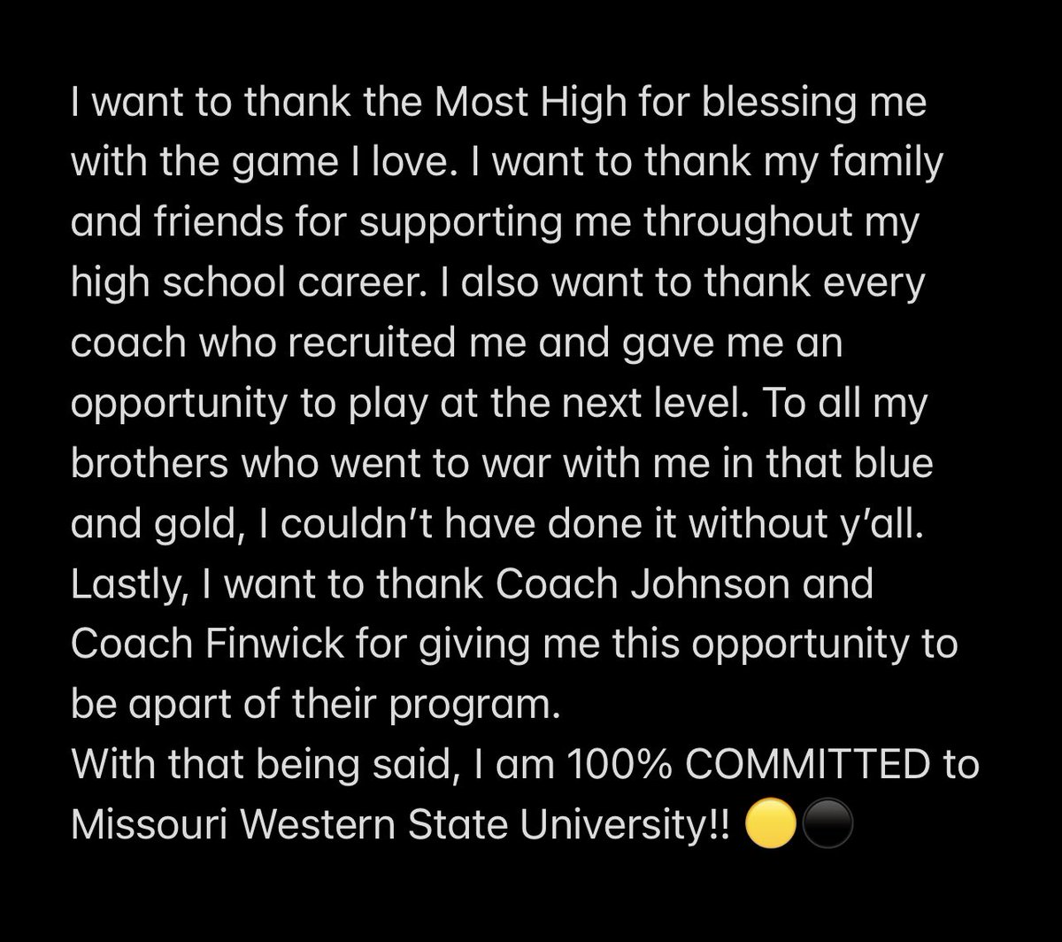 Committed!!⚫️🟡
<a href="/TylerFenwick2/">Tyler Fenwick</a> <a href="/EcoachJ/">Erik Johnson</a> <a href="/CoachDFranks/">Dalton Franks</a> <a href="/MWSU_Football/">Missouri Western Football</a>  <a href="/LausanneFB/">Lausanne Football</a>