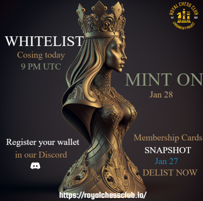 Royal_ChessClub's tweet photo. 🔥 Whitelist registration Closing today 🔥

We are going to mint our Chess Piece collection on Jan, 28.

➡️ Price: 110 ADA
➡️ Supply: 4800

Whitelist registration is closing today. Here is your chance to win 1x5 WL
✅ Follow
✅❤️ + 🔁
✅ Tag friends
⏱️ 3 hours

#RCC #Cardano #NFT https://t.co/uyWD0DI64c