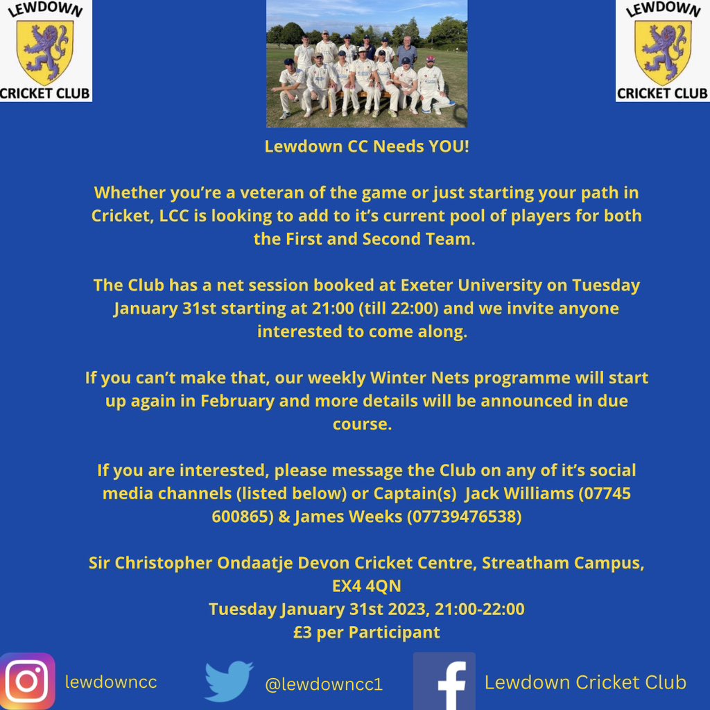 📣 2023 RECRUITMENT 📣 

Young or old, experienced or never played the game - it doesn’t matter. Lewdown CC are looking for new players! 

Please see the image below for all the information.

Hope to see some of you soon! #LCC 

<a href="/DevonCricket/">Devon Cricket Foundation</a> <a href="/swsportsnews/">South West Sports News</a>  <a href="/CornwallCricket/">Cornwall Cricket</a>