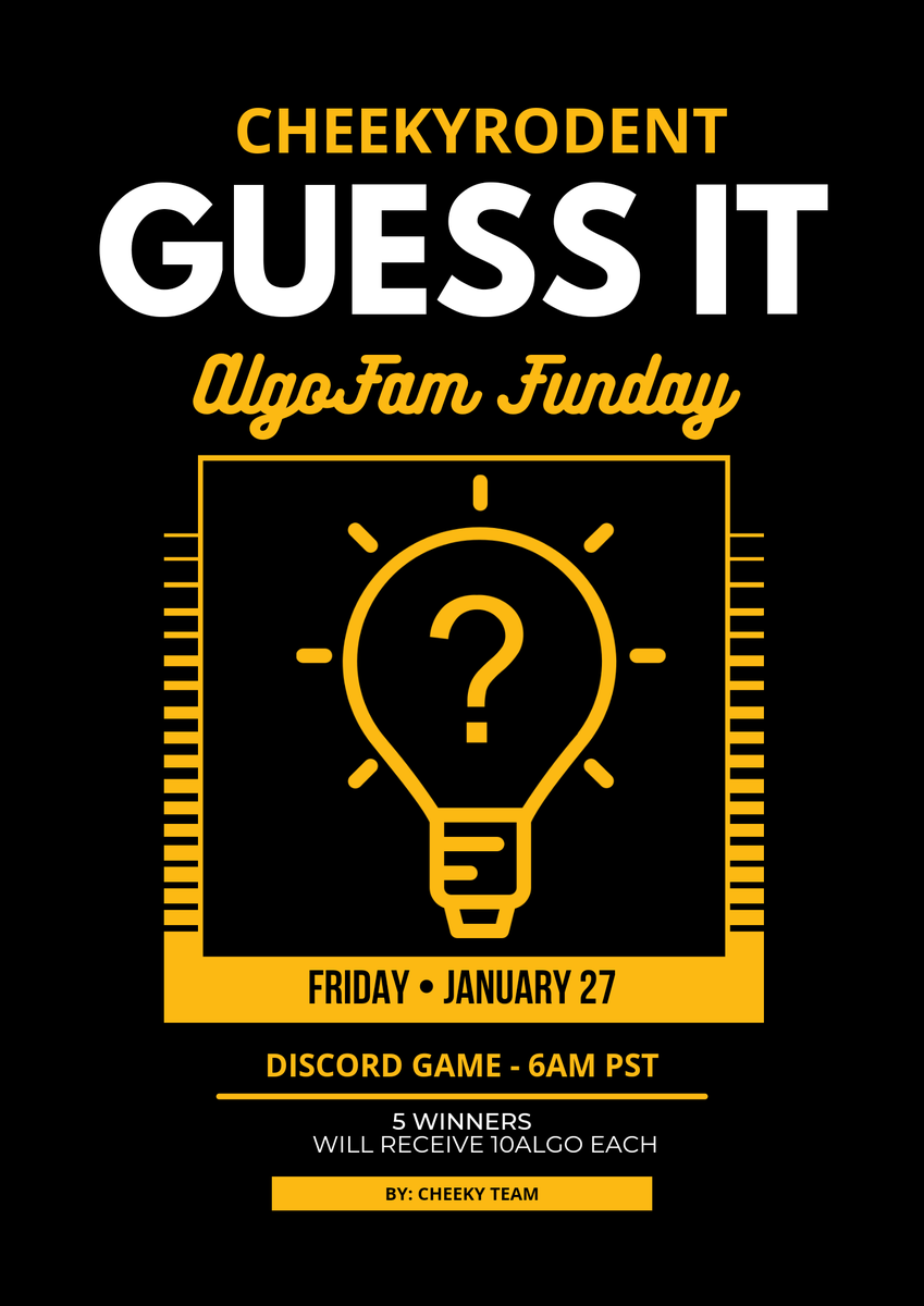 GM my #Algofam! Everyone is invited to play with us on Friday and get a chance to win some ALGO! 

$Algo #Algorand #AlgoNFT #NFTCommunity