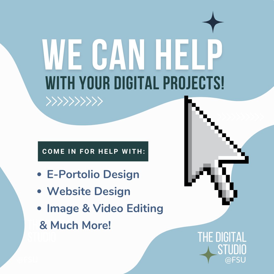 FSUDigiStudio's tweet photo. Need help with digital projects? We’ve got you covered! No experience design needed. 

Make your appointment today or walk-in to get started. Link in bio! 🔗

#FSU #digitalstudio #composition https://t.co/QvUUblvsQN